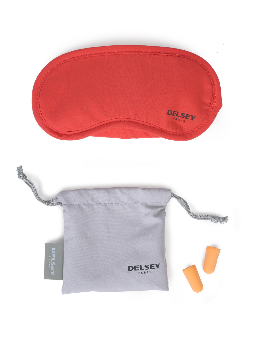 Delsey Paris Eye Mask and Earplugs Travel Sleep Set in Red with grey pouch