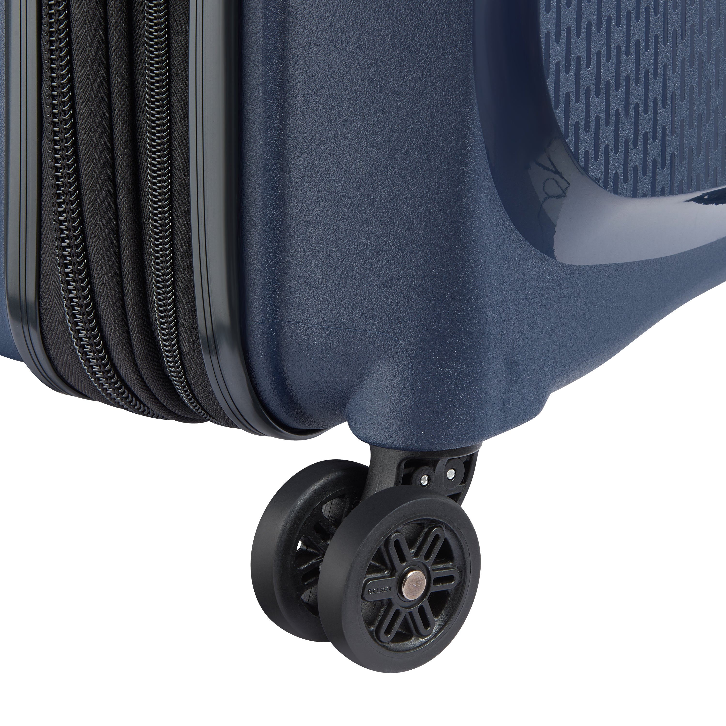Delsey Paris Belmont Plus 55cm Expandable Cabin Carry-On Suitcase in Navy- Wheel in detail