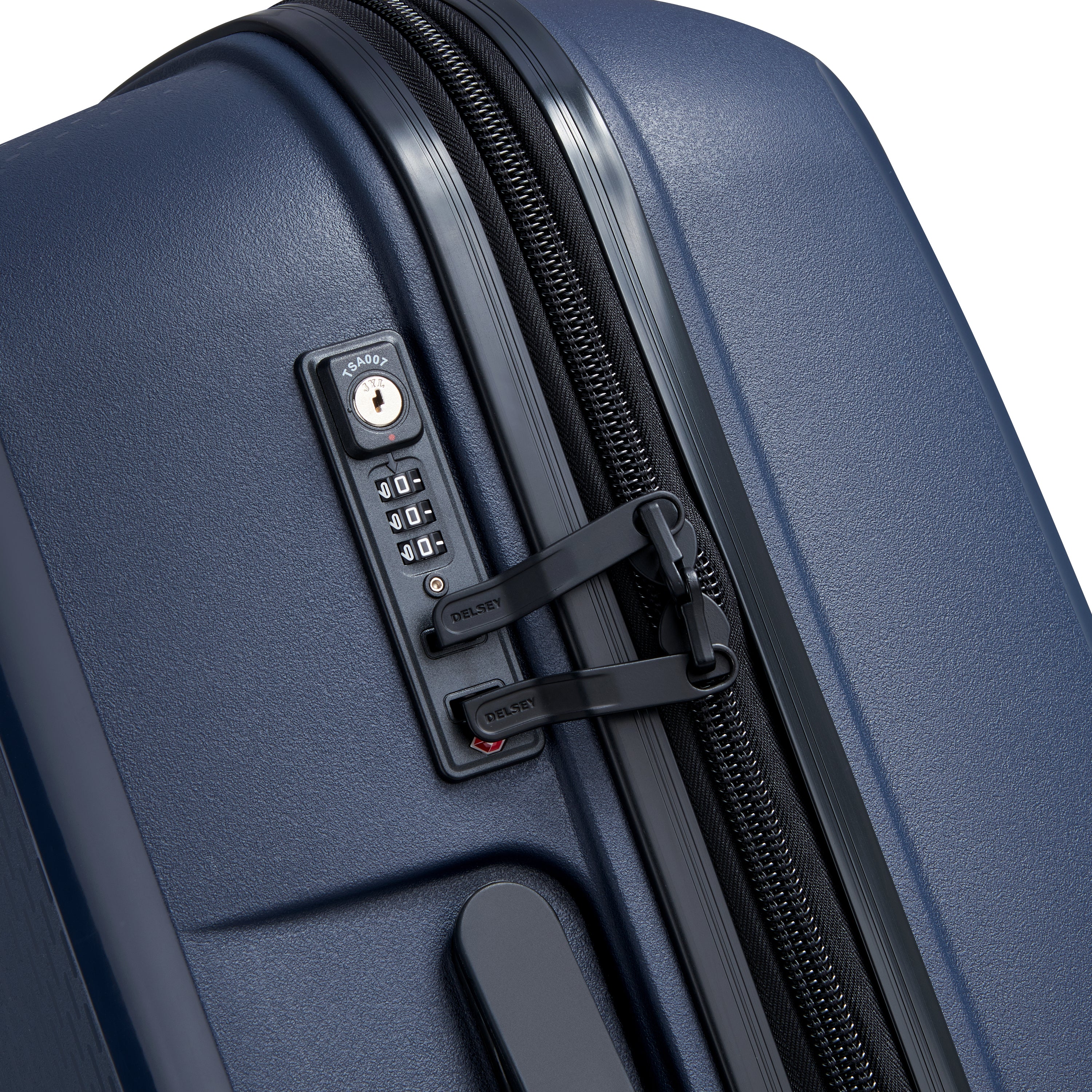 Delsey Paris Belmont Plus 71cm Large Expandable Check-in Suitcase in Navy-TSA lock in detail