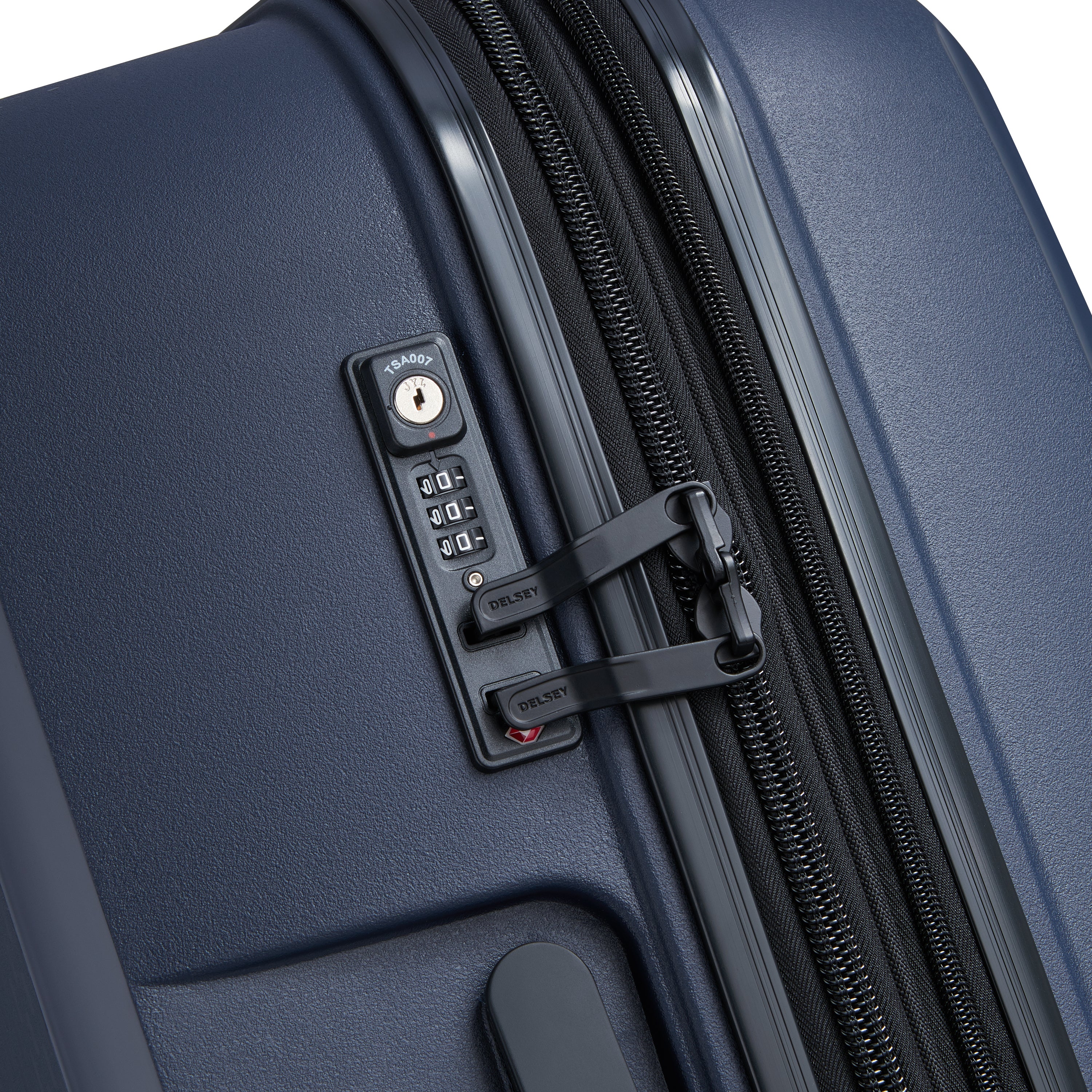 Delsey Paris Belmont Plus 76cm XL Expandable Check-in Suitcase in Navy-TSA lock in detail