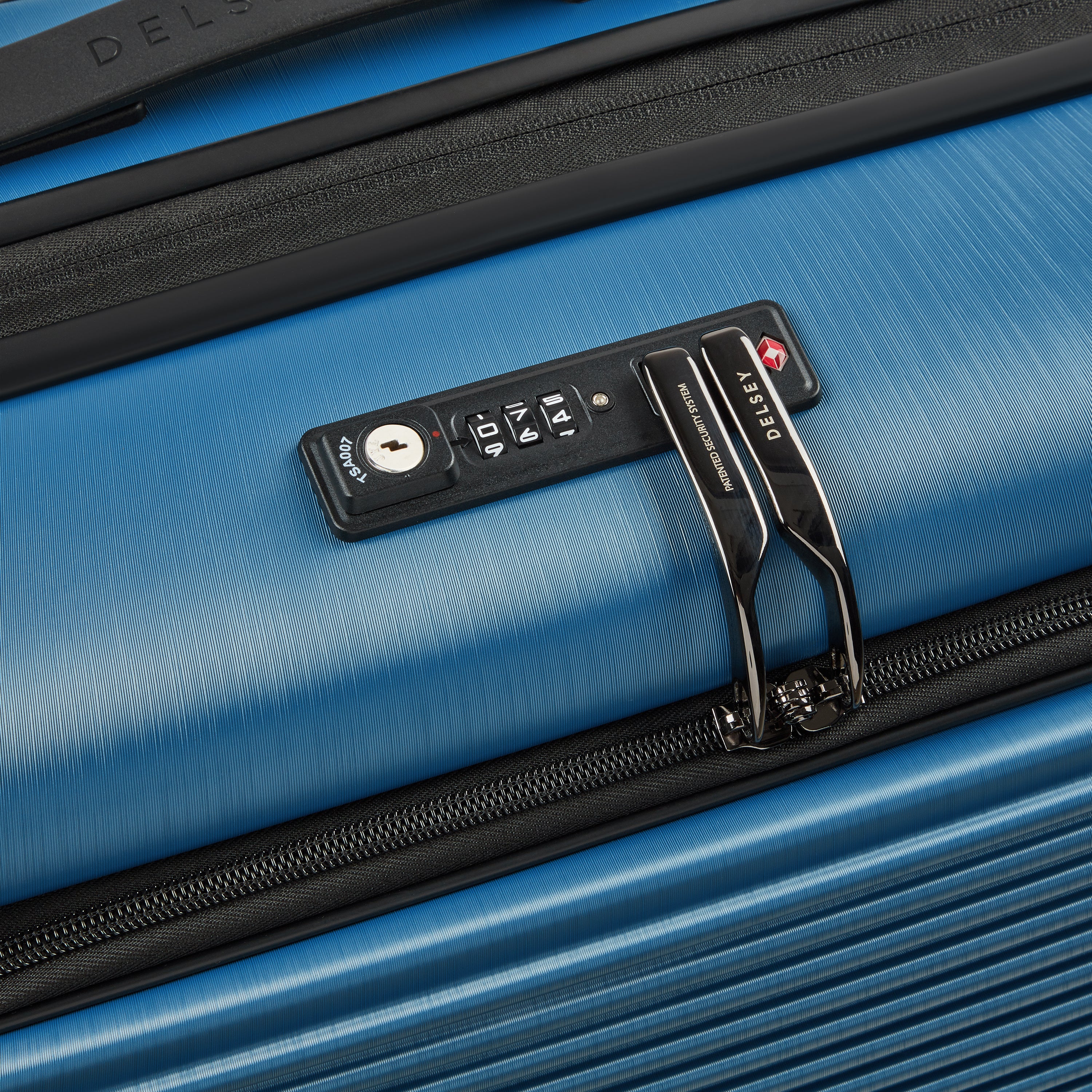 Delsey Paris Freestyle 66cm Expandable Front-Opening Check-in Suitcase in Blue-TSA lock in detail