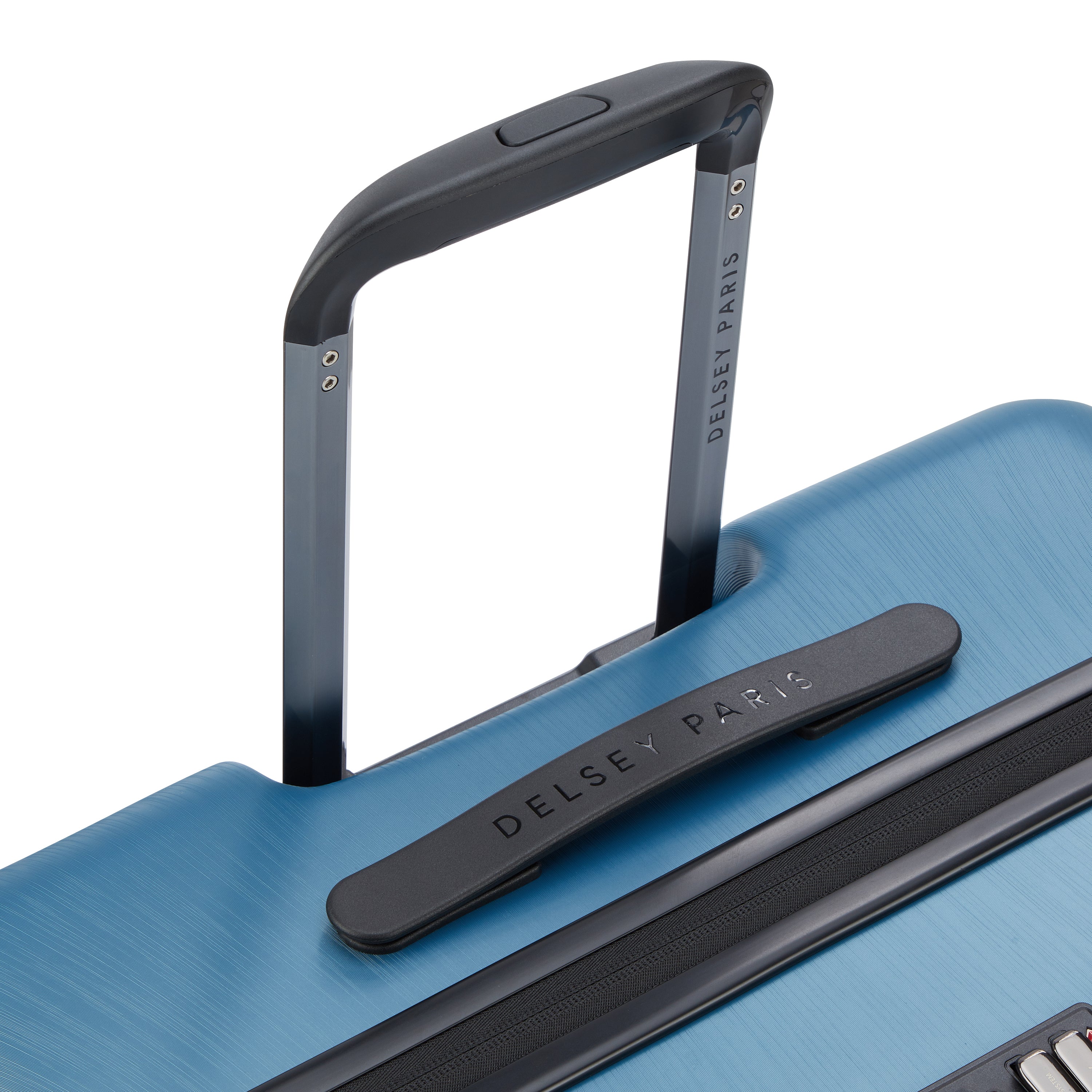 Delsey Paris Freestyle 76cm Expandable Front-Opening Check-in Suitcase in Blue- telescopic handle in detail
