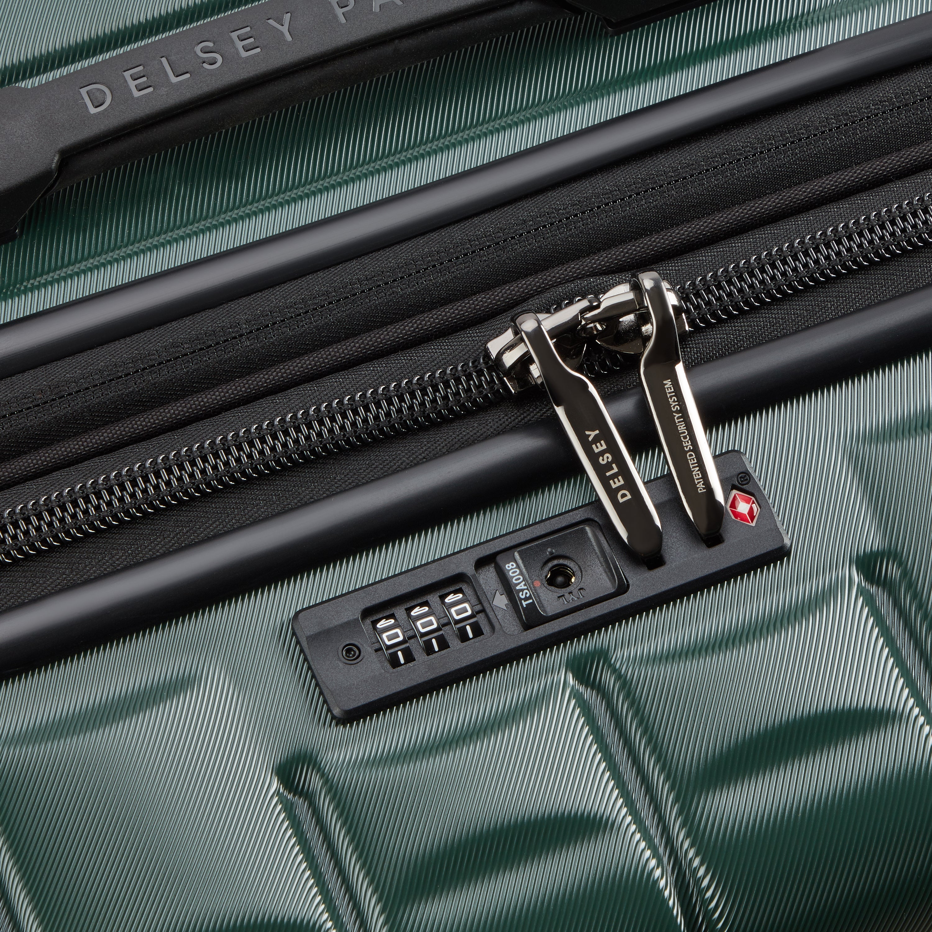 Delsey Paris Longitude 81cm XL Expandable Check-in Suitcase in Green- TSA lock in detail