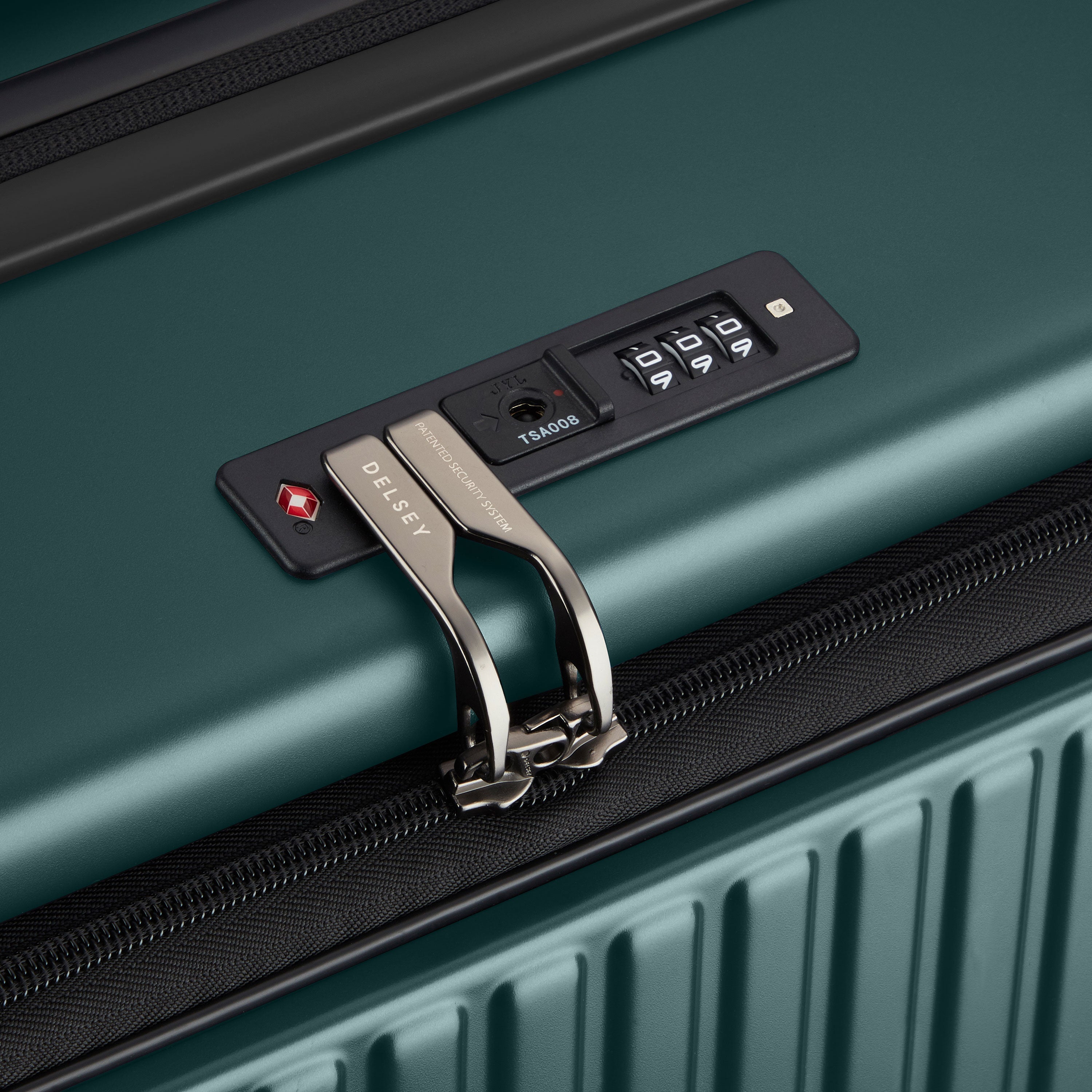 Delsey Paris Securitime Zip 77cm Expandable Check-in Suitcase in Deep Green-TSA lock in detail
