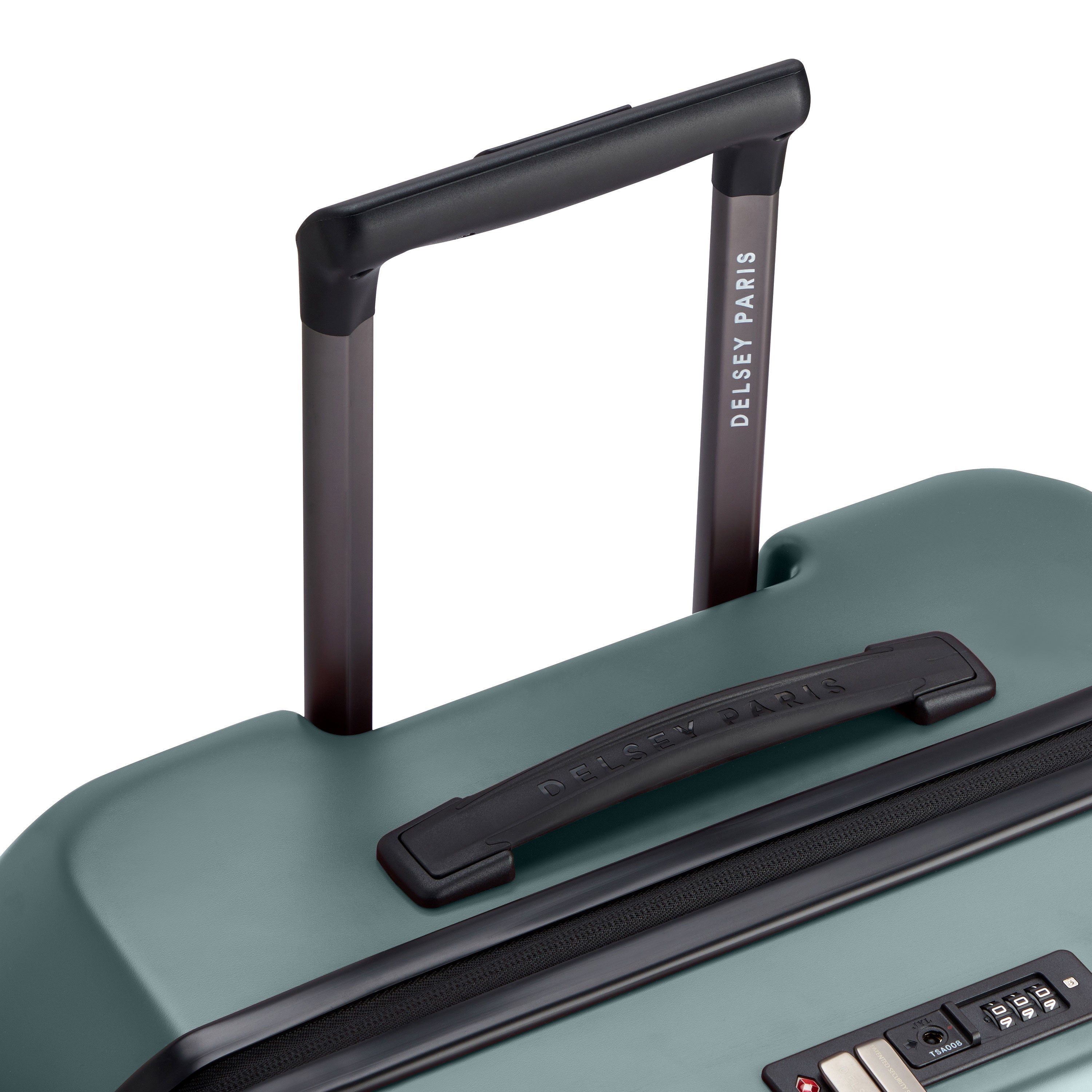 Delsey Paris Securitime Zip 66cm Expandable Check-in Suitcase in Deep Green-telescopic handle in detail