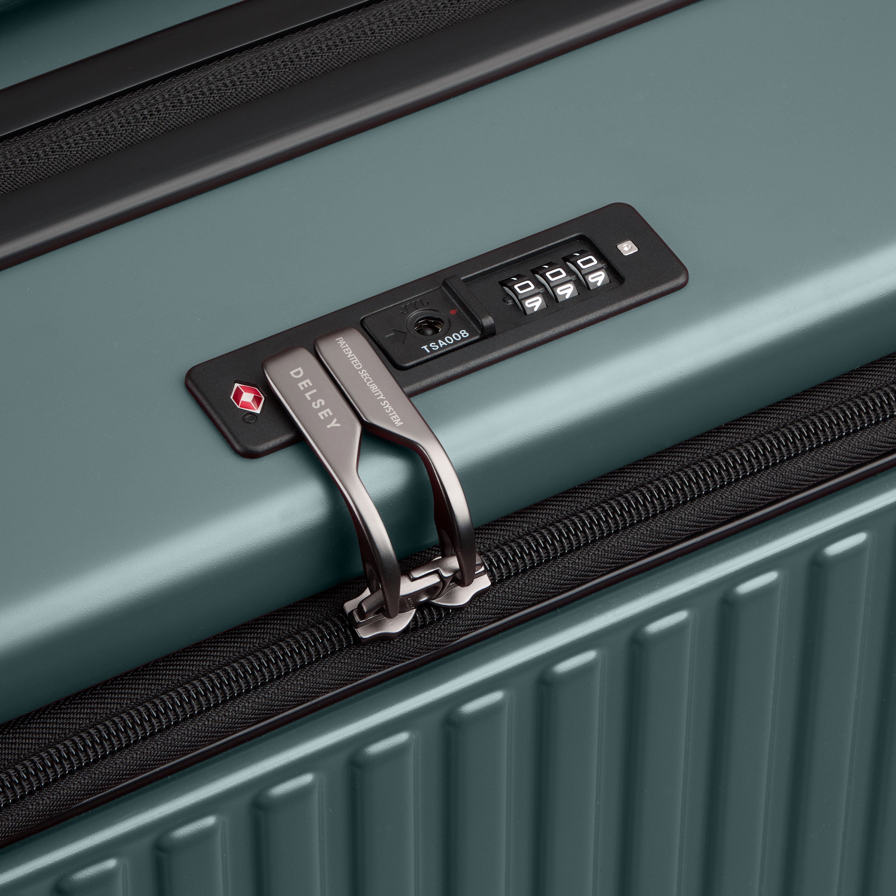Delsey Paris Securitime Zip 66cm Expandable Check-in Suitcase in Deep Green-TSA lock in detail