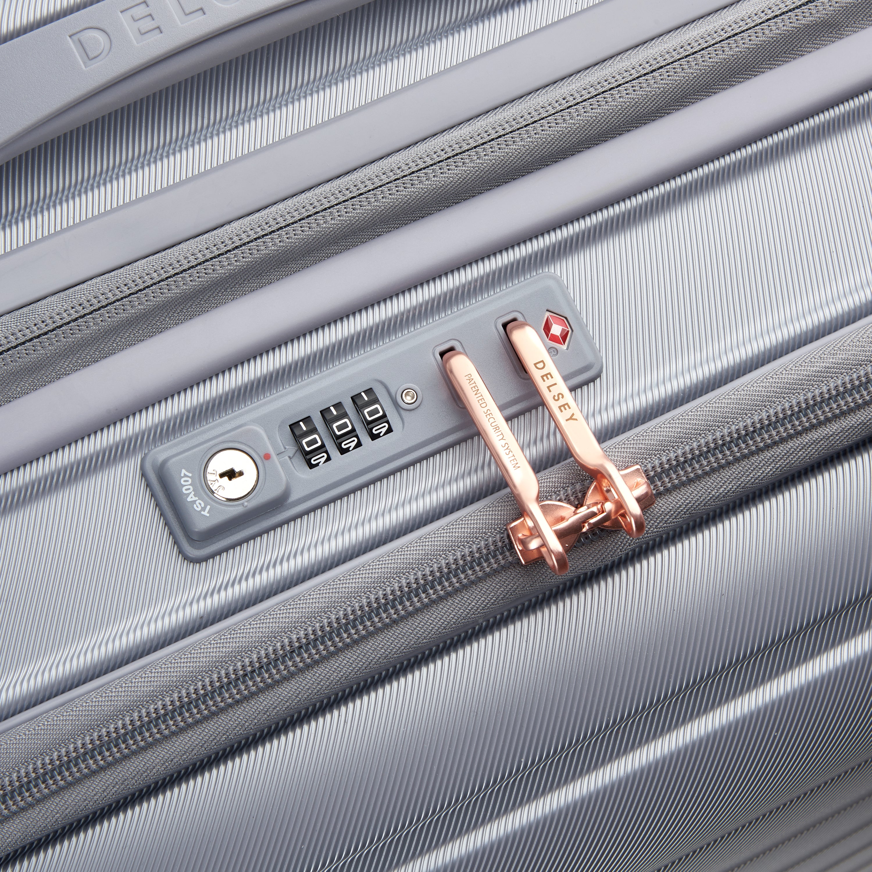 Delsey Paris Shadow 5.0 75cm Expandable Front-Open Check-in Suitcase in Platinum-TSA lock in detail