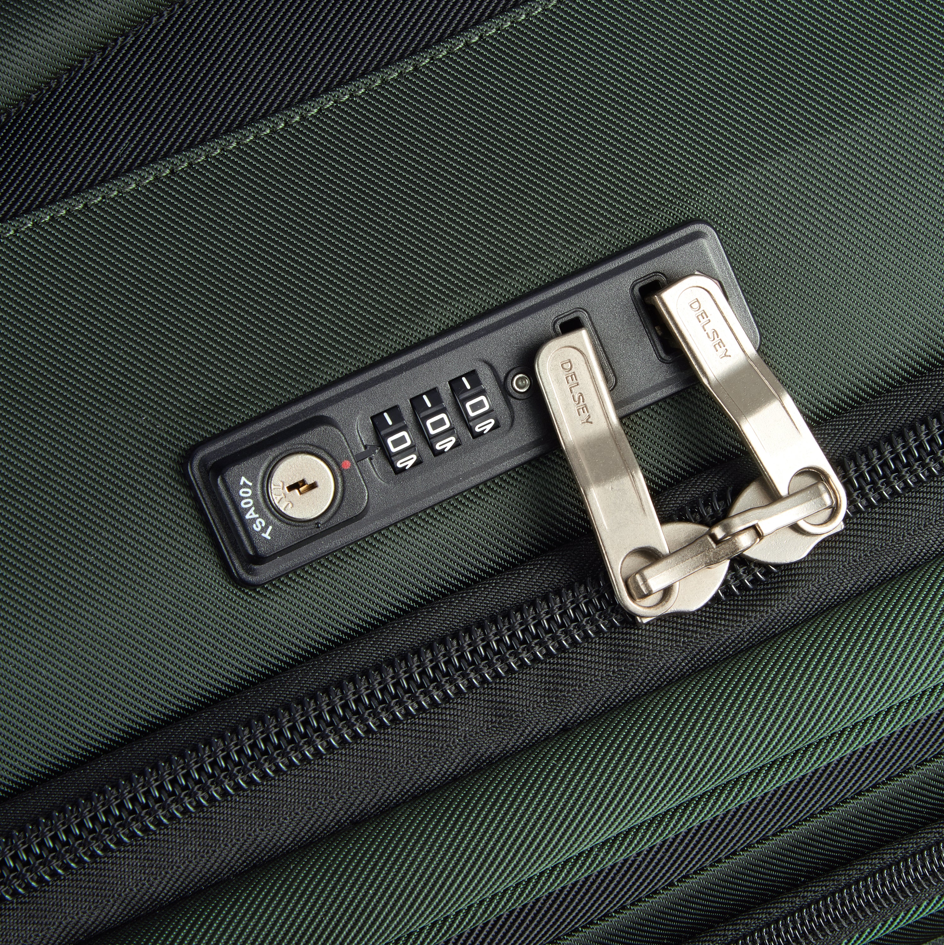 Delsey Paris Sky Max 2.0 55cm Cabin Expandable Carry-On Suitcase in Green-TSA lock in detail