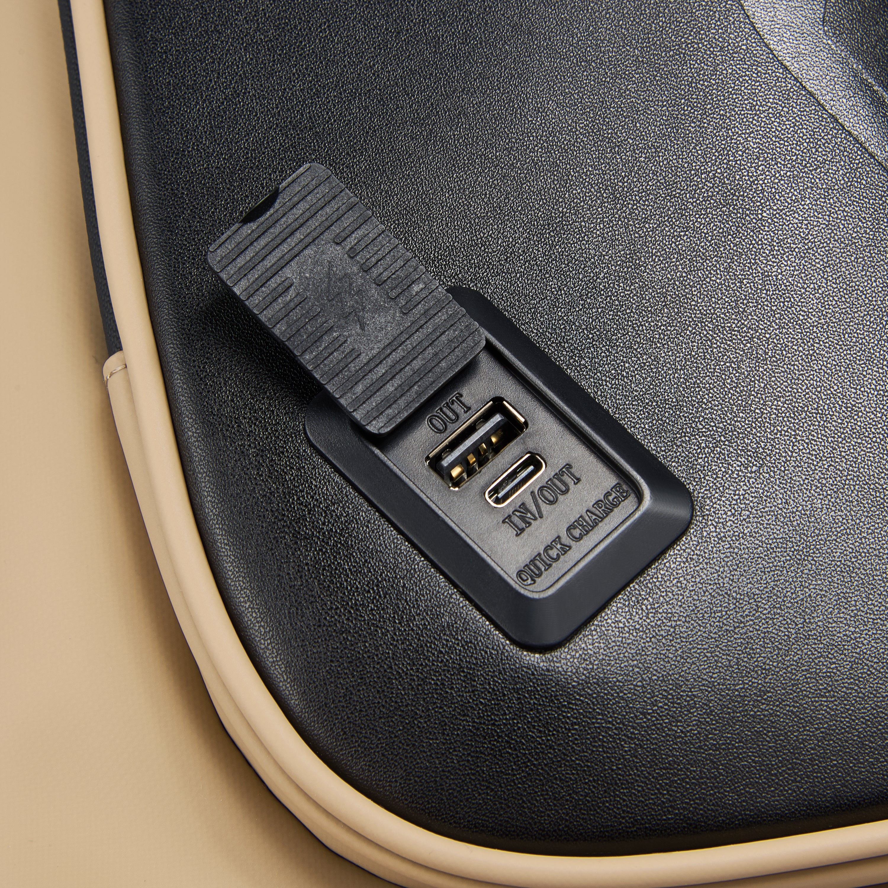 Peugeot Voyages 46cm Travel Laptop Backpack in Beige-USB charging in detail